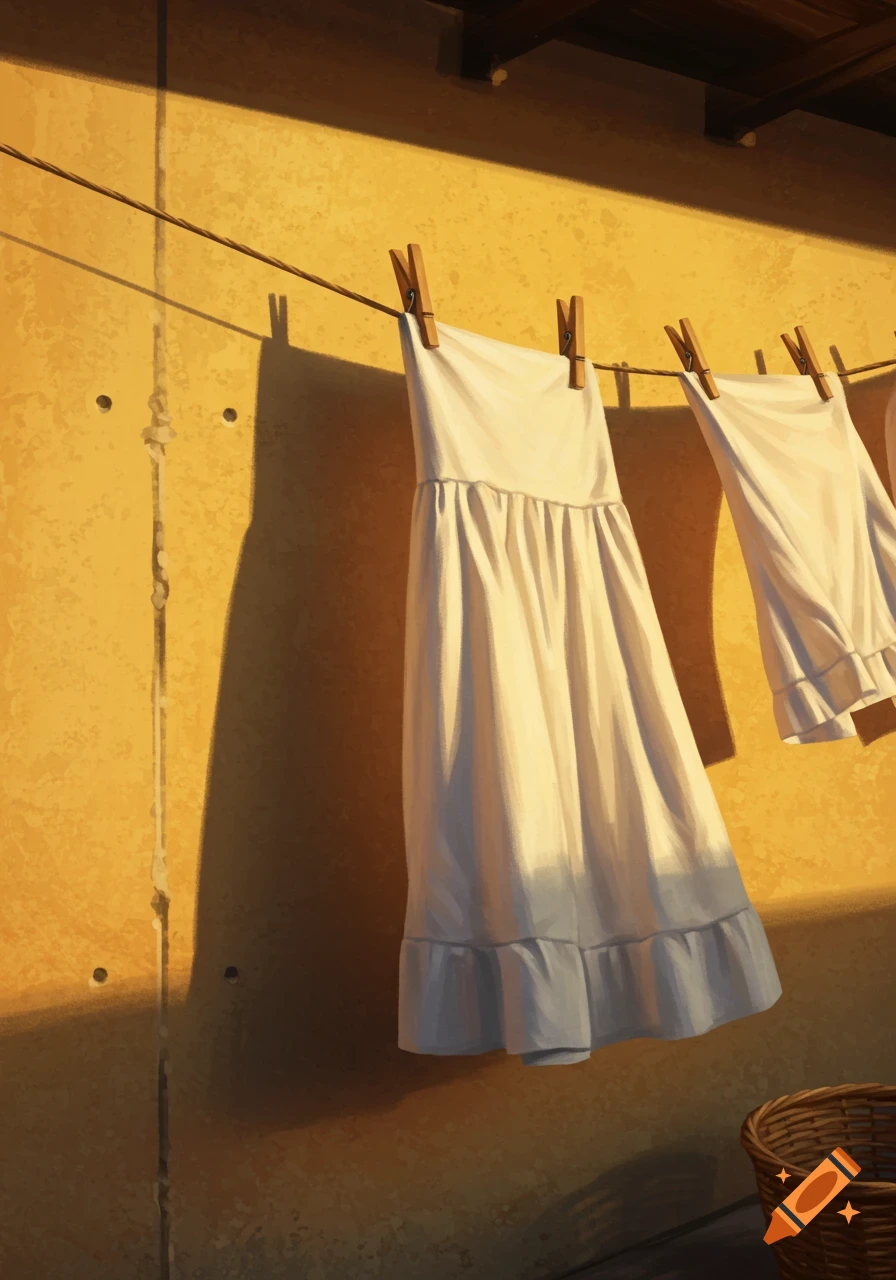 White dress and laundry on a clothesline against a sunlit yellow concrete wall with strong shadows, a wicker basket below. Illustrated.