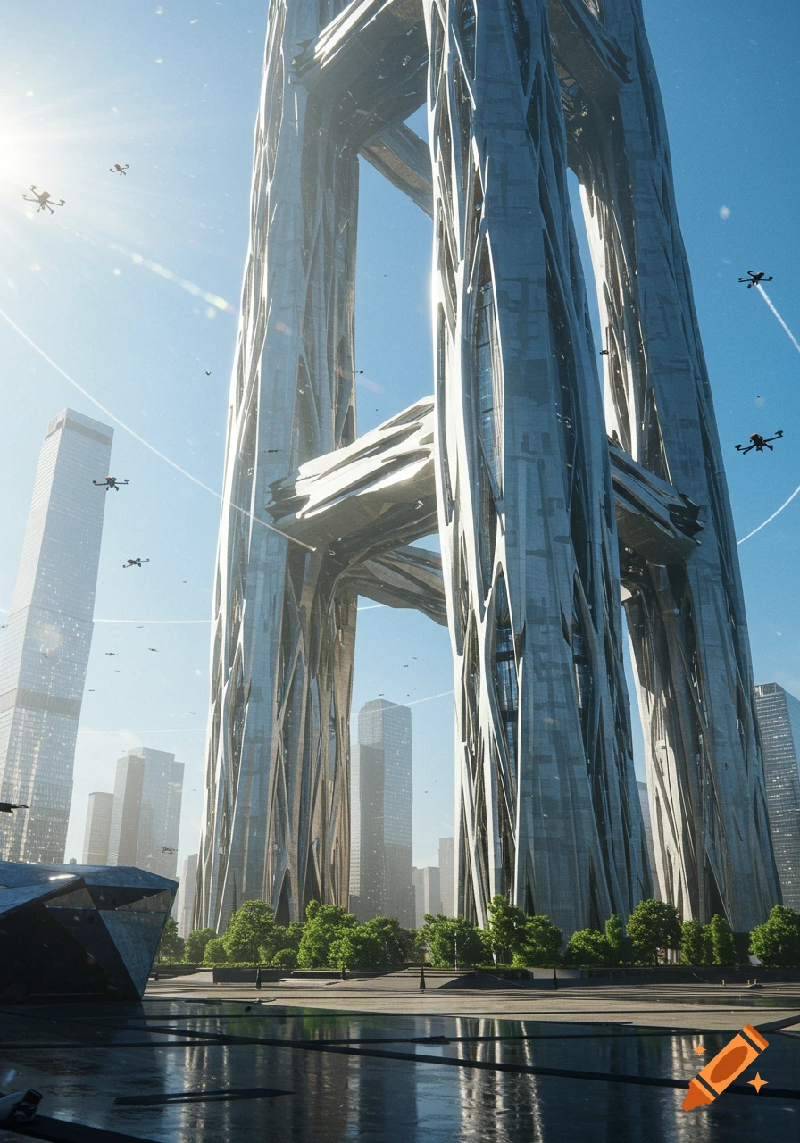 A futuristic cityscape with a towering, abstract, metallic skyscraper and several drones flying under a bright sky.