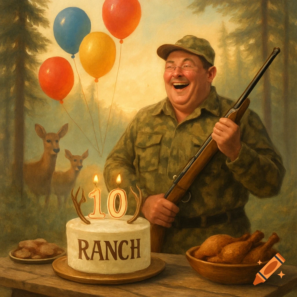 A joyful man in camouflage holds a rifle next to a '10 RANCH' birthday cake, balloons, and deer in a forest setting.