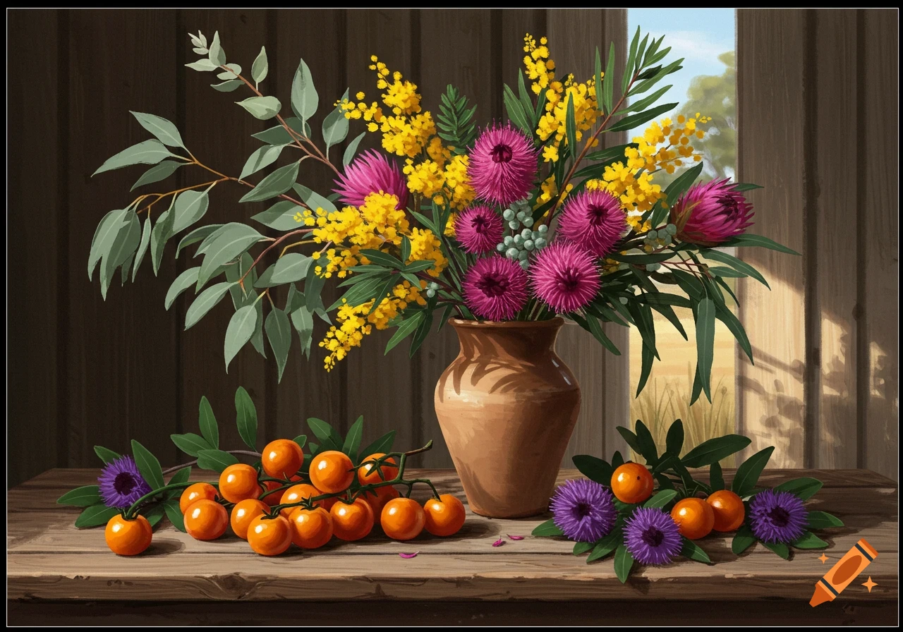 Still life of yellow wattle and pink protea-like flowers in a vase, with orange fruits and purple flowers on a wooden table.