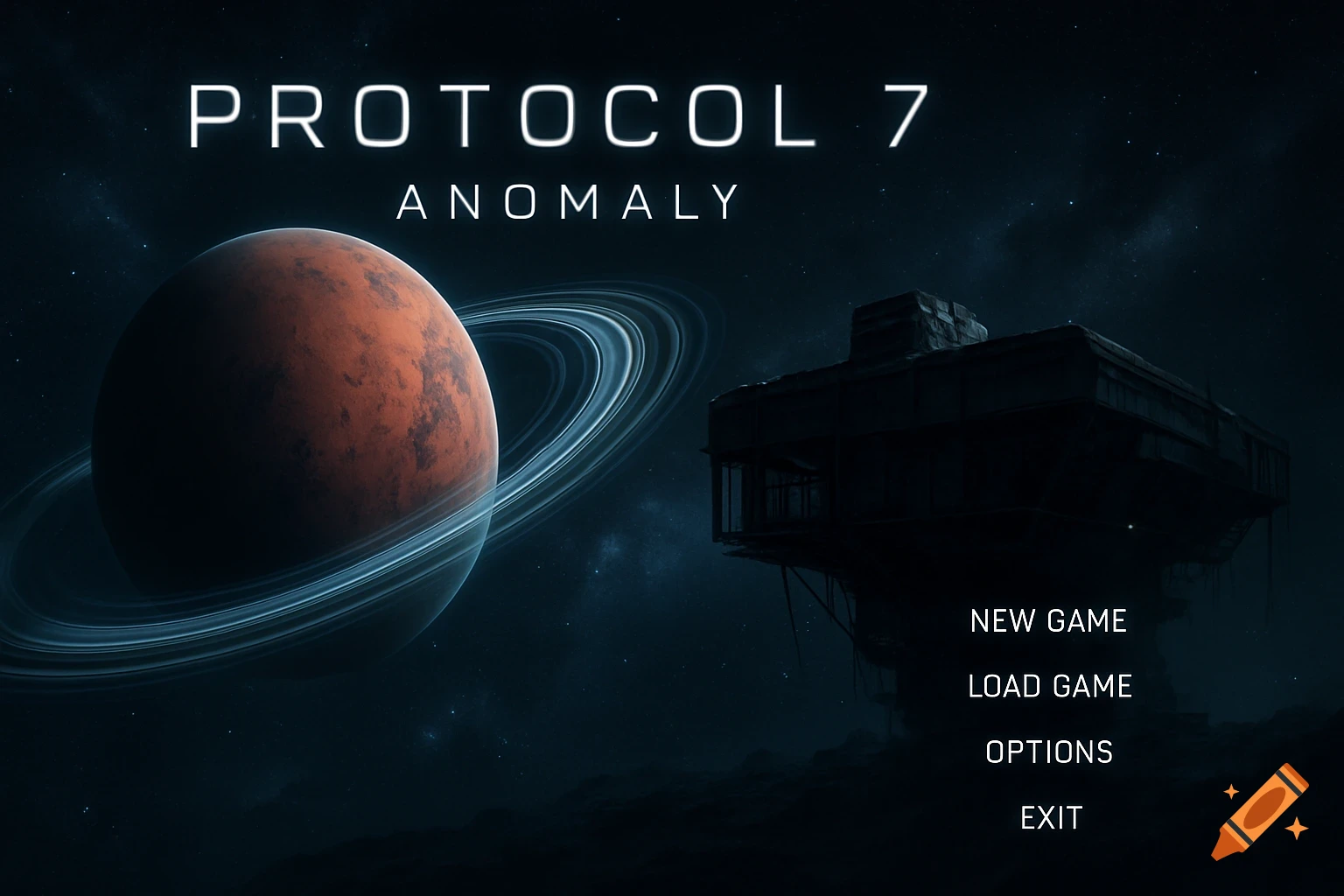 A game main menu titled 'PROTOCOL 7 ANOMALY' with a ringed Mars-like planet and a dark space station against a starry background. Menu options: New Game, Load Game, Options, Exit.