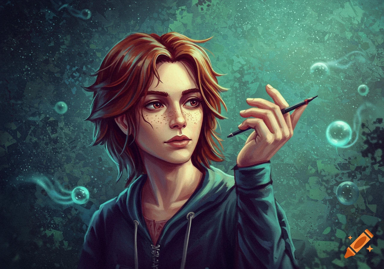 Digital art portrait of a red-haired person with freckles in a hoodie, holding a pen, against a green, bubbly abstract background.