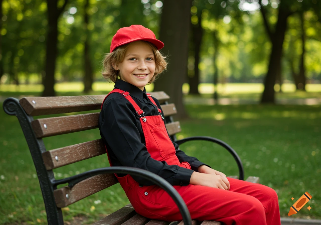 A cheerful boy with blonde hair, wearing a red cap and red overalls over a black shirt, sitting on a park bench, photorealistic.