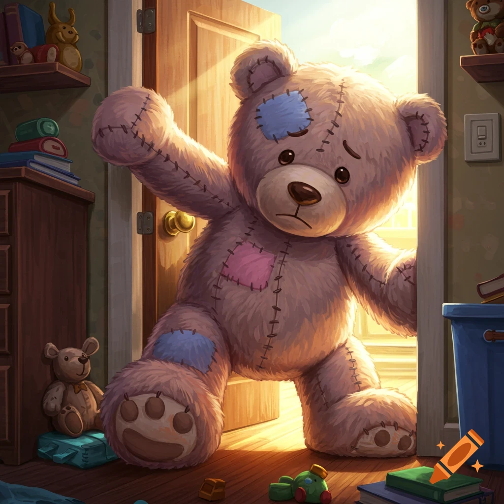 A large, patched teddy bear looks sad as it tries to squeeze through a sunlit doorway in a child's room filled with toys.