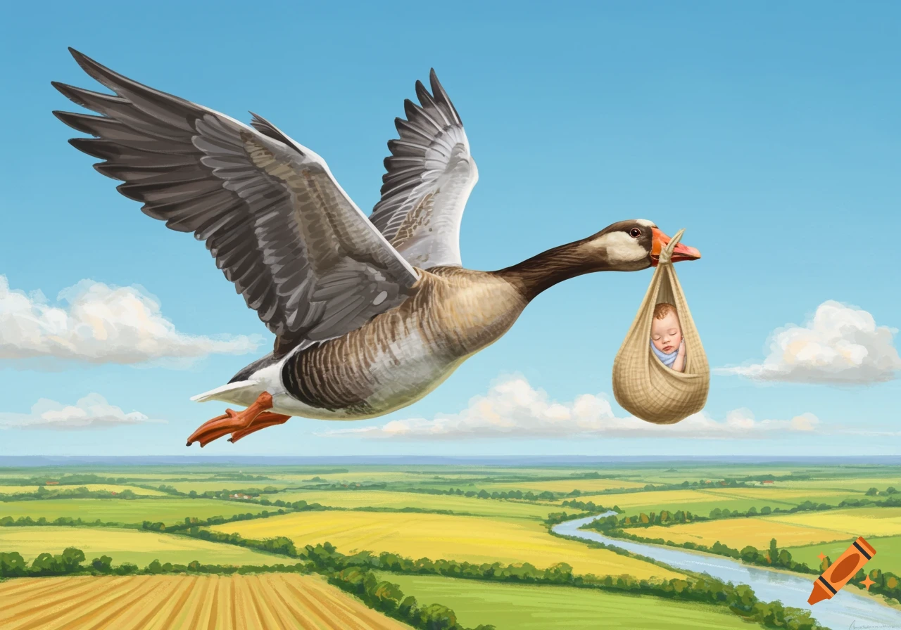 An illustrated goose flies over a patchwork of green and yellow fields, carrying a sleeping baby in a sack from its beak.