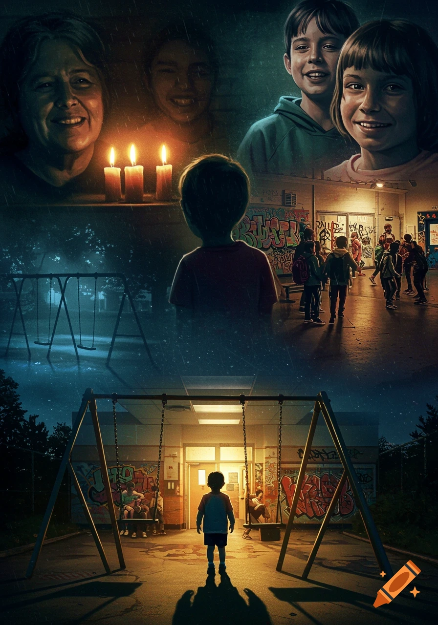 Dark, stylized collage depicting a child's journey, with scenes of a playground, school, friends, and candles.