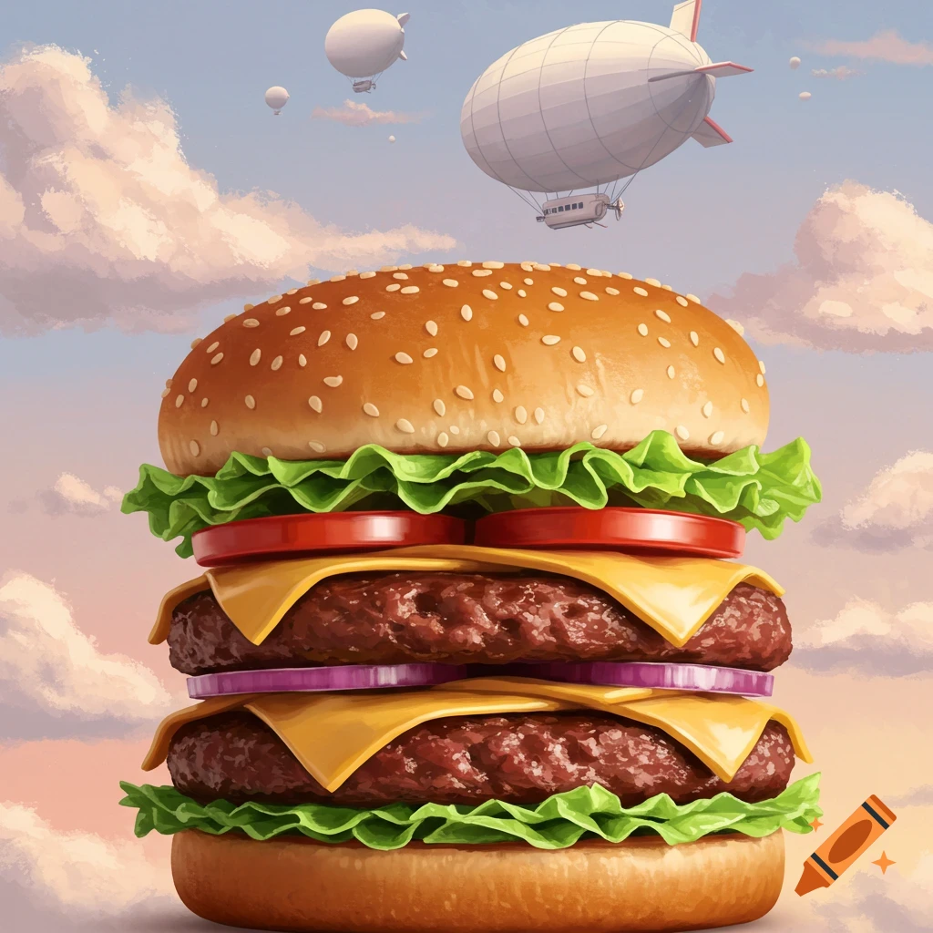 A massive, detailed hamburger with double patties and cheese, floats in a pastel sky with blimps, in a stylized illustration.