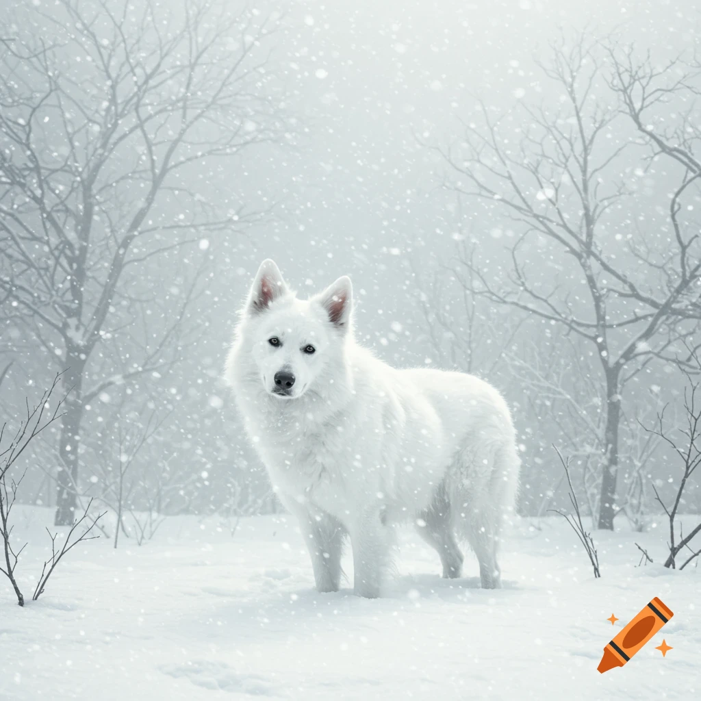 A white dog stands in a snowy, foggy winter forest with bare trees and falling snow, looking forward.