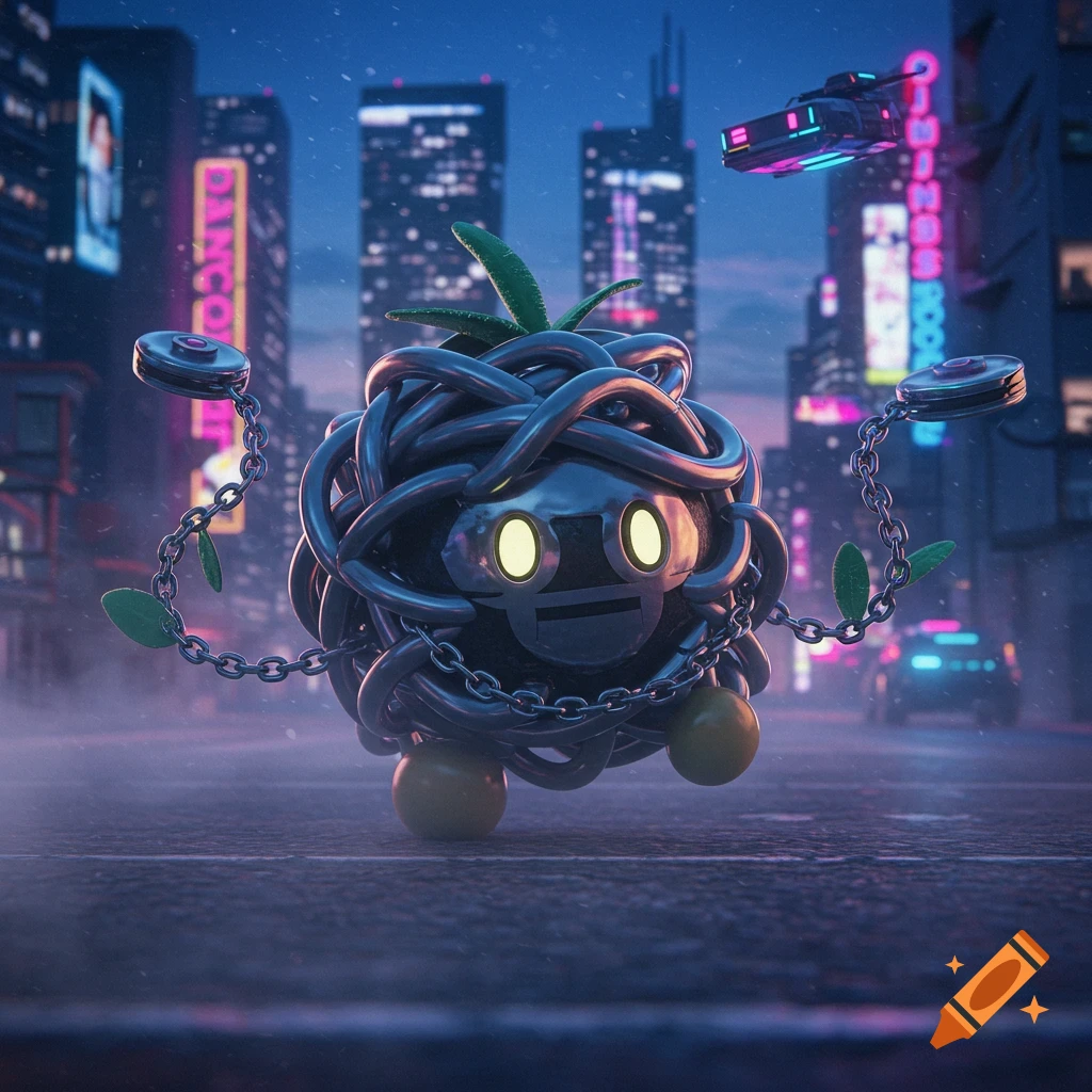 A metal, chain-like creature with glowing eyes and green leaves, resembling Tangela, stands in a cyberpunk city.