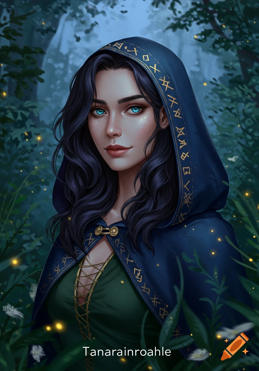 A beautiful woman with dark wavy hair and striking blue eyes wears a hooded blue cloak with gold rune patterns in a magical forest.