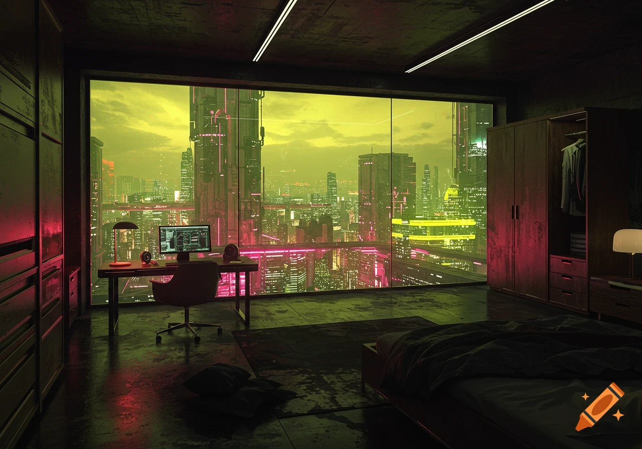 A dark, grungy cyberpunk room with a large window view of a futuristic city glowing with neon pink, yellow, and green lights.