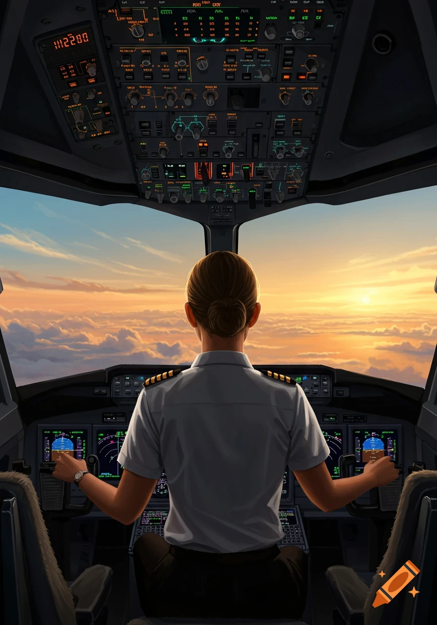 A female pilot in a cockpit, viewed from behind, looking out at a stunning sunset over clouds. Digital art.