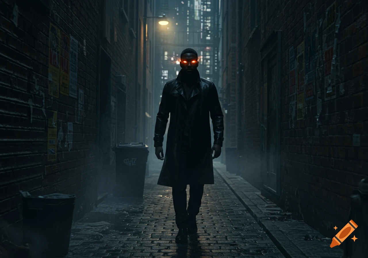Photorealistic image of a man with glowing red eyes and a black trench coat walking menacingly down a dark, misty alley.