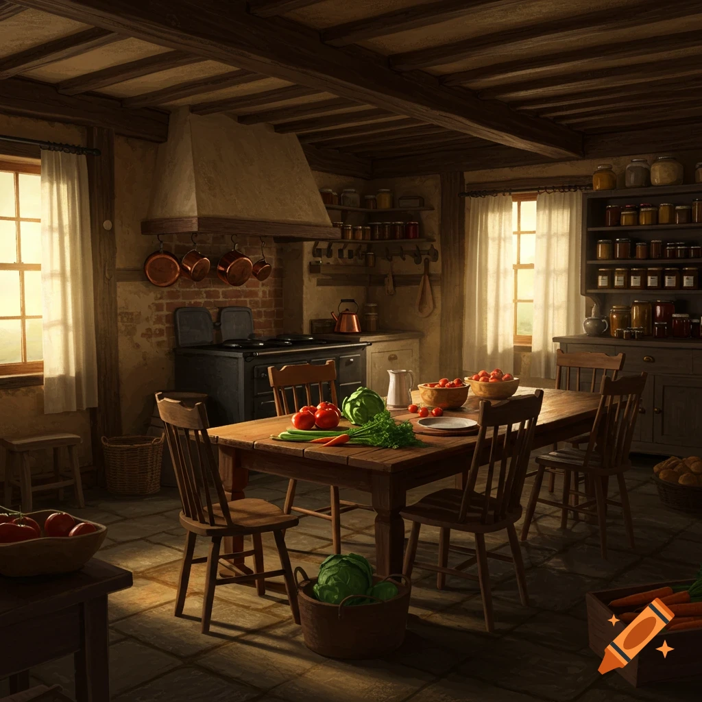A warm, rustic kitchen interior with a large wooden table laden with fresh vegetables. Sunlight streams through windows.