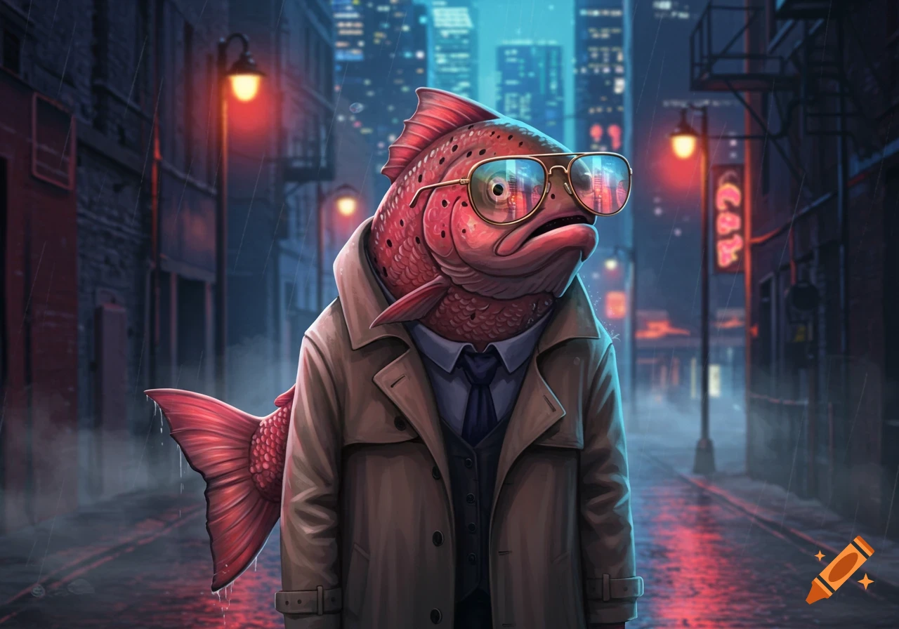 A red fish in a trench coat and sunglasses stands in a rainy, neon-lit city alley at night in a film noir style.