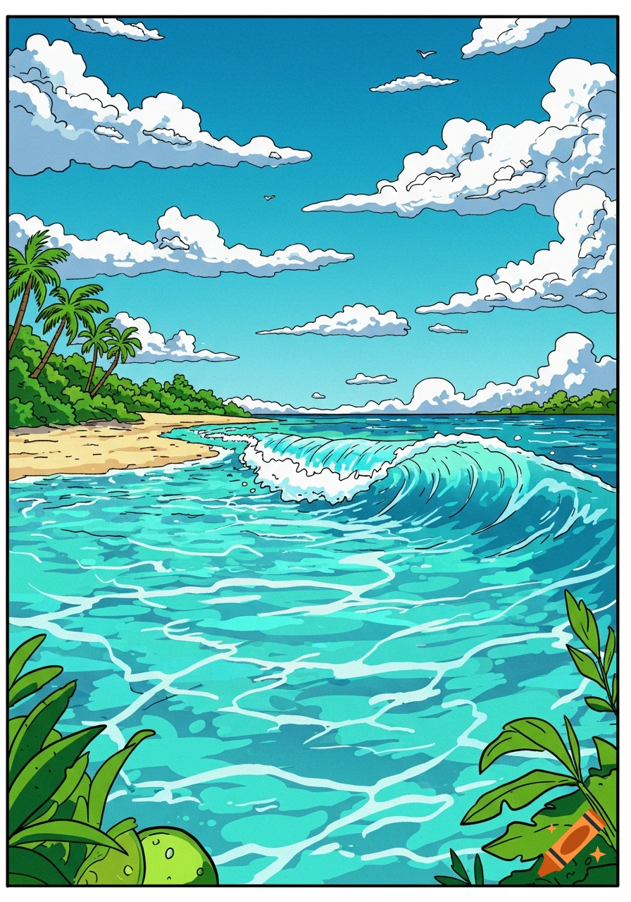 Comic style illustration of a vibrant tropical beach with turquoise ocean waves, sandy shore, palm trees, and a clear blue sky with fluffy white clouds.