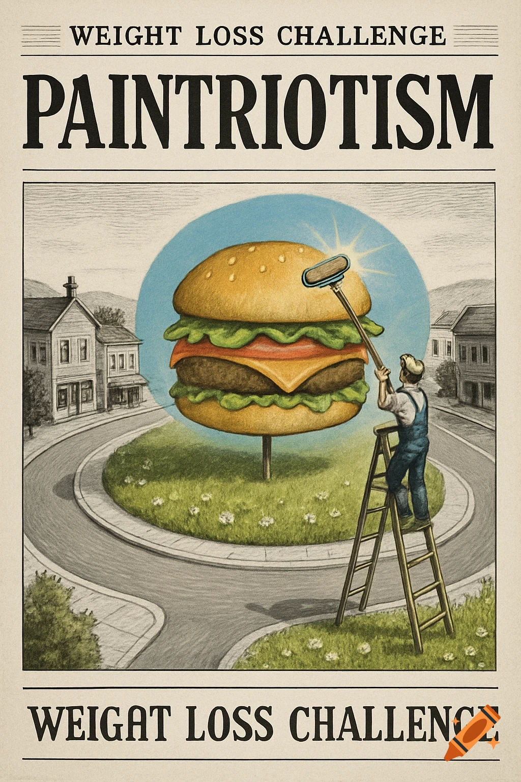 An illustrated poster depicts a man on a ladder painting a giant burger in a small-town roundabout. Text reads 'WEIGHT LOSS CHALLENGE' and 'PAINTRIOTISM'.