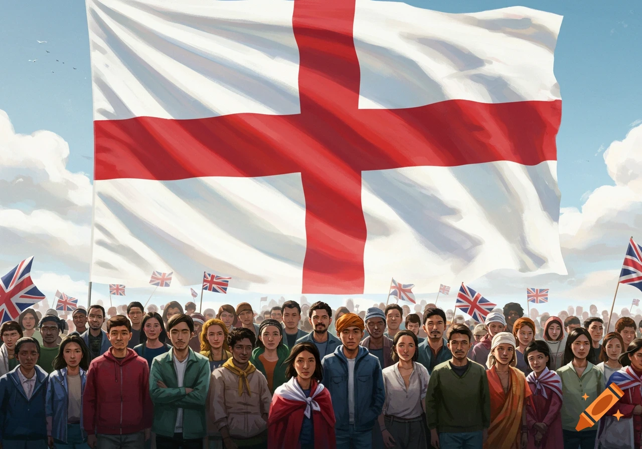 A diverse crowd of people stand in front of a large St. George's Cross flag, with many smaller Union Jack flags.