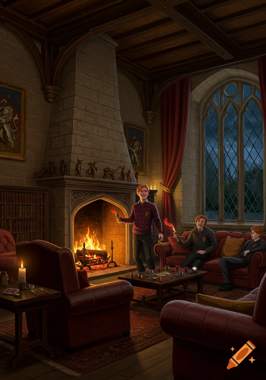 Three red-haired boys in Gryffindor robes play a game by a roaring fireplace in a cozy, richly decorated common room at night.