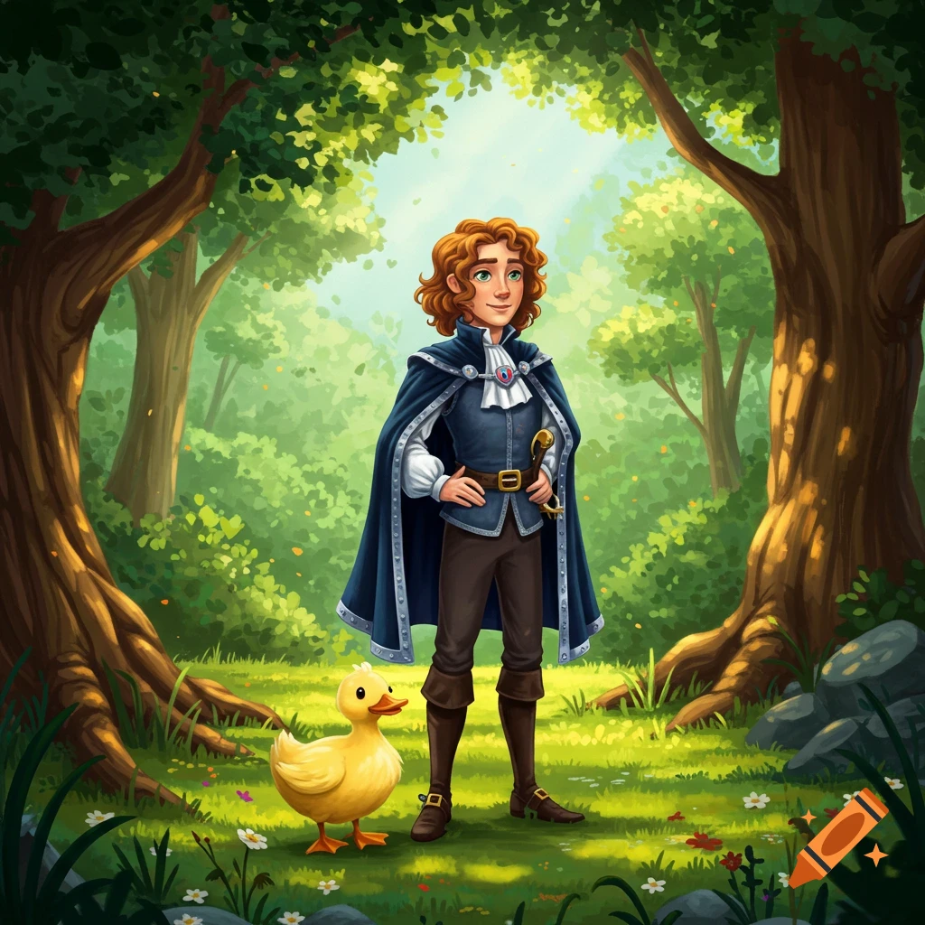 A cartoon prince with red hair and a blue cape stands with a yellow duck in a sunlit forest. Illustrative style.