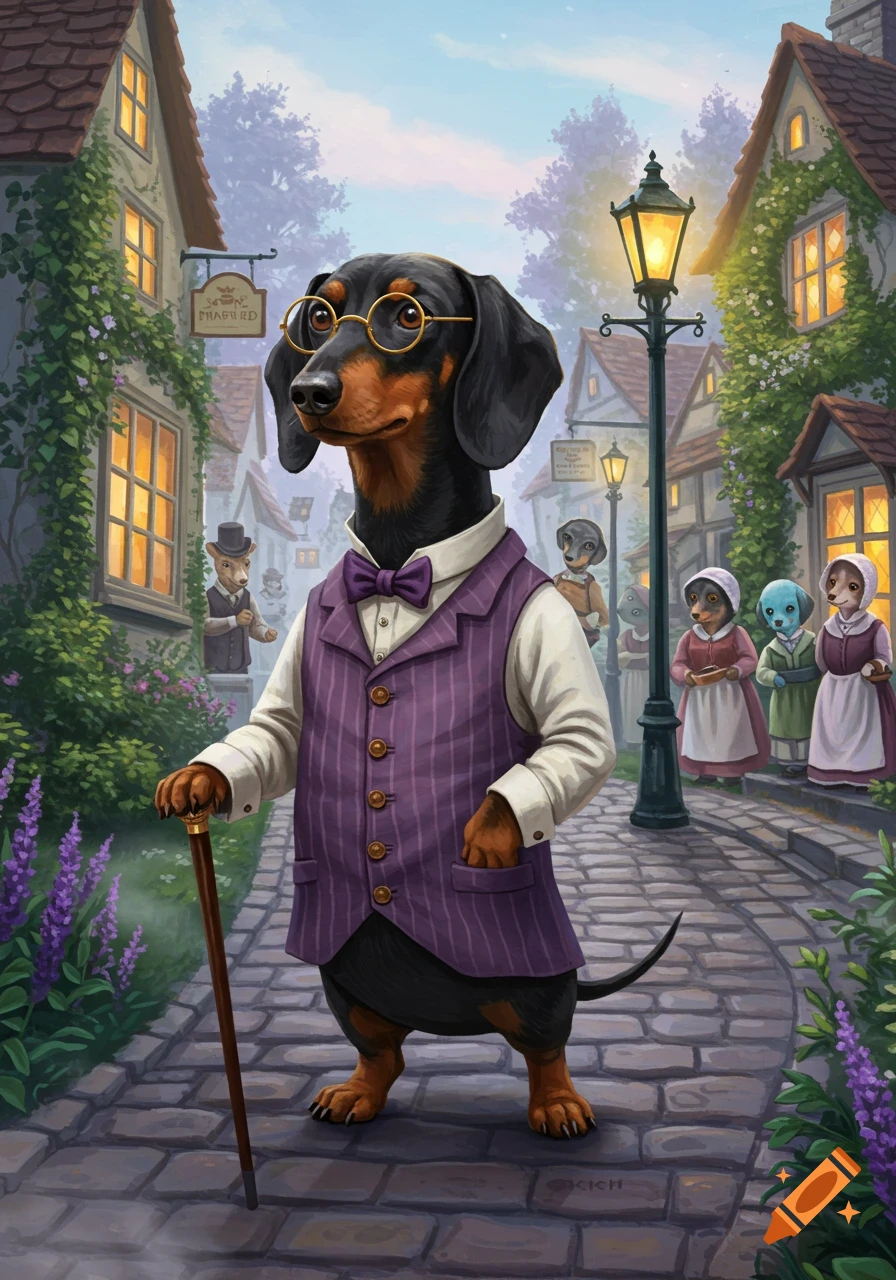 A dapper dachshund in a purple vest and glasses holding a cane walks through a quaint cobblestone village with other anthropomorphic dogs.