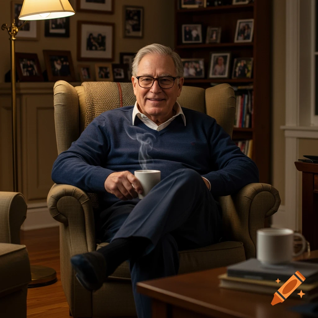 Smiling older man with glasses sitting comfortably in an armchair, holding a steaming mug in a cozy, photorealistic room.