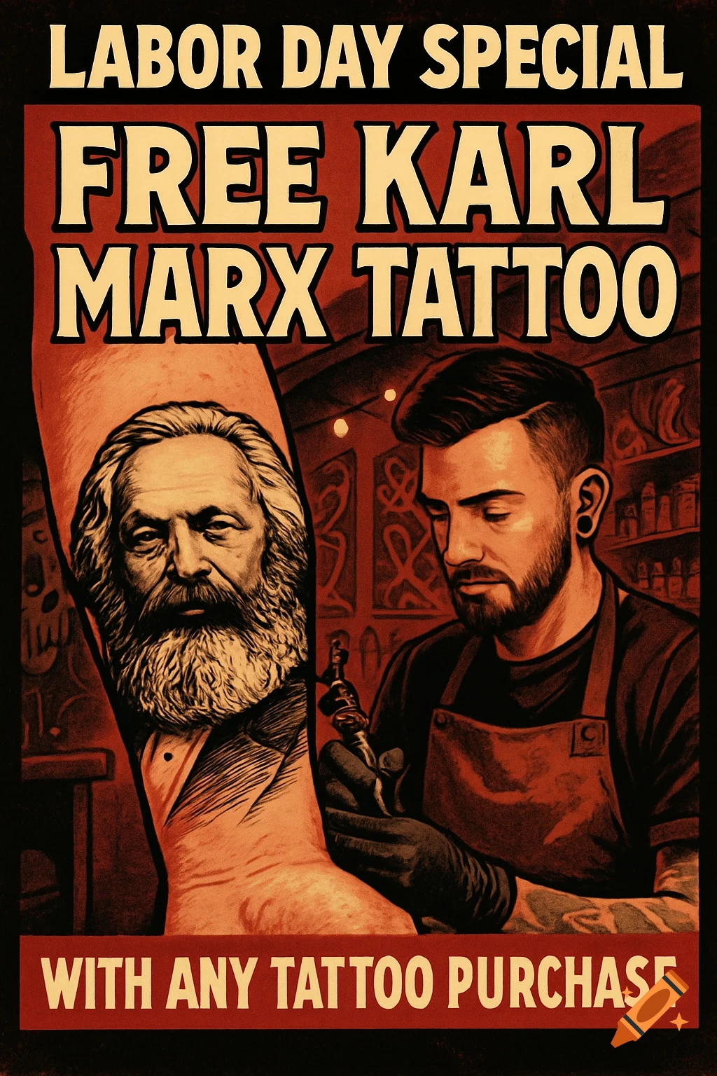 Vintage poster for a Labor Day special, offering a free Karl Marx tattoo with purchase, showing an artist tattooing an arm.
