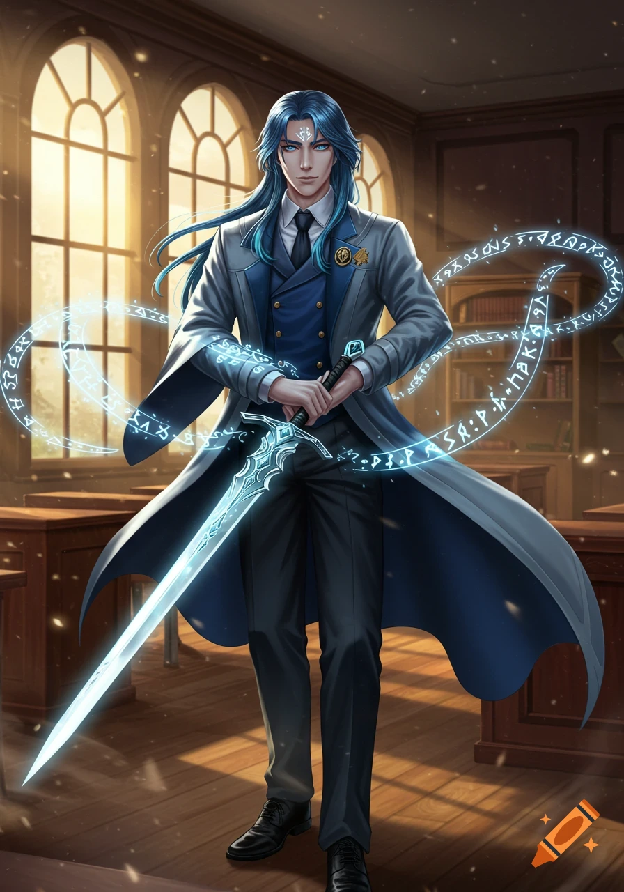 An anime-style male character with blue hair and eyes in a suit and trench coat holds a glowing magical sword, surrounded by glowing runes in a grand hall.