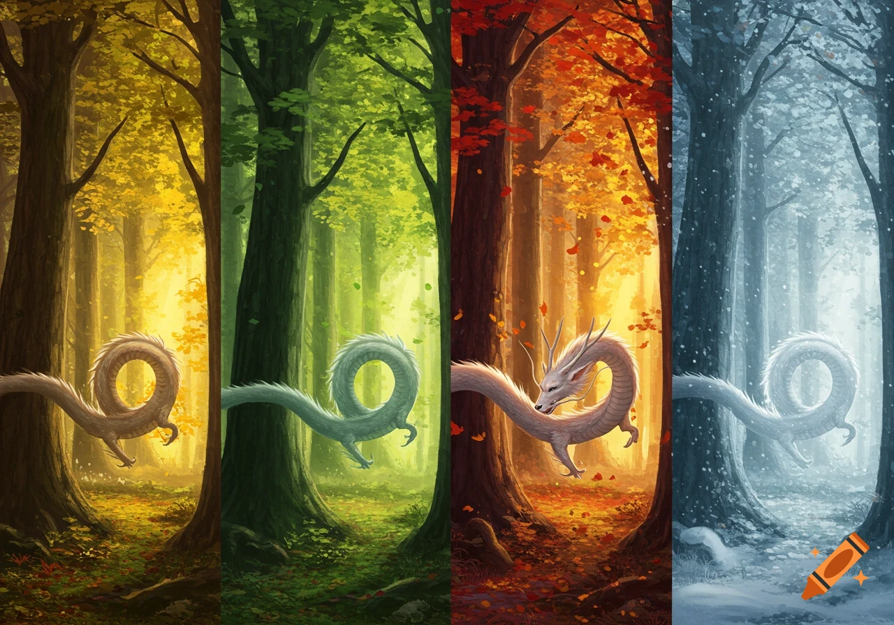 A white Chinese dragon appears across four vertical panels, each depicting a forest in a different season: golden, green, autumnal, and snowy.
