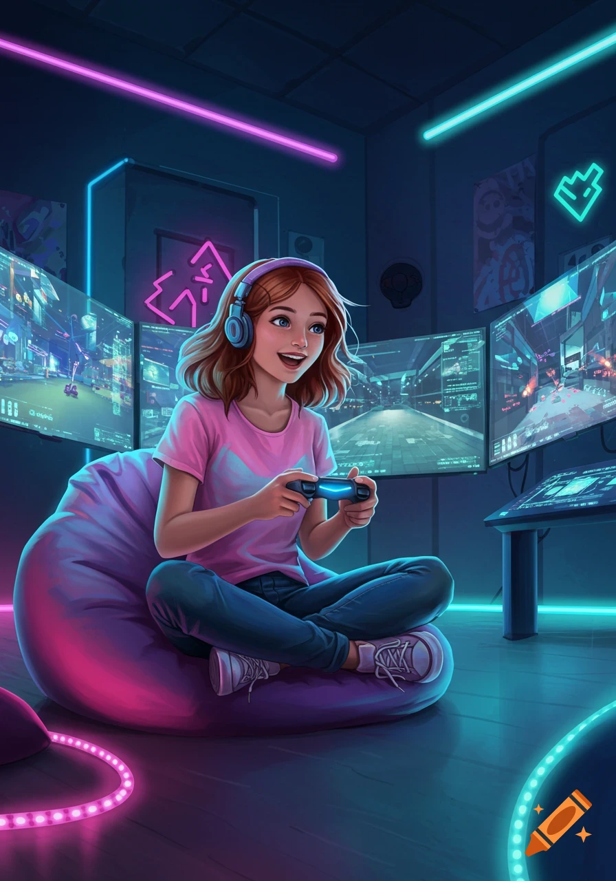 A happy girl with headphones plays video games on a bean bag in a neon-lit room with multiple screens. Digital art.