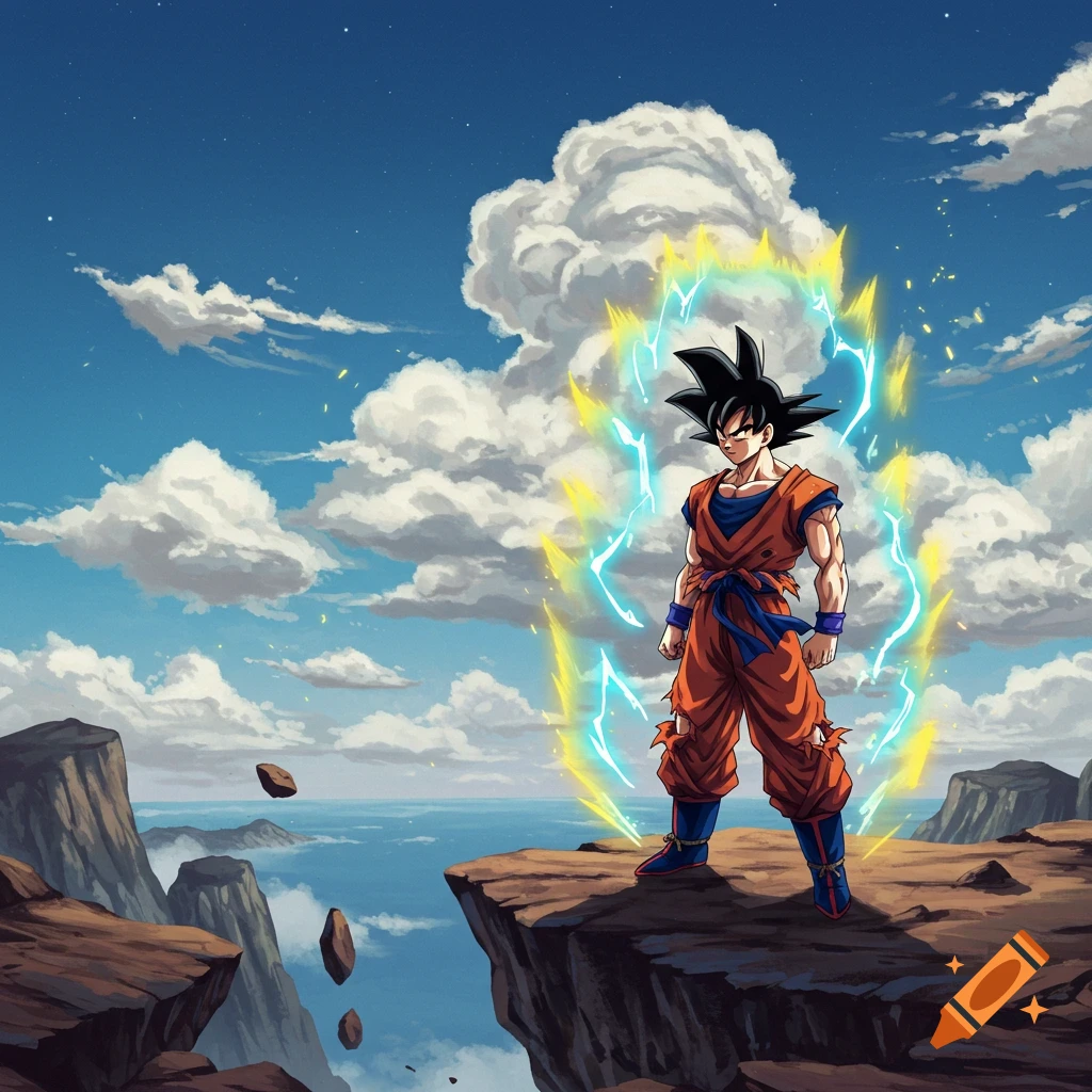 Son Goku in anime style, powering up with a yellow and blue aura on a rocky cliff overlooking the ocean.