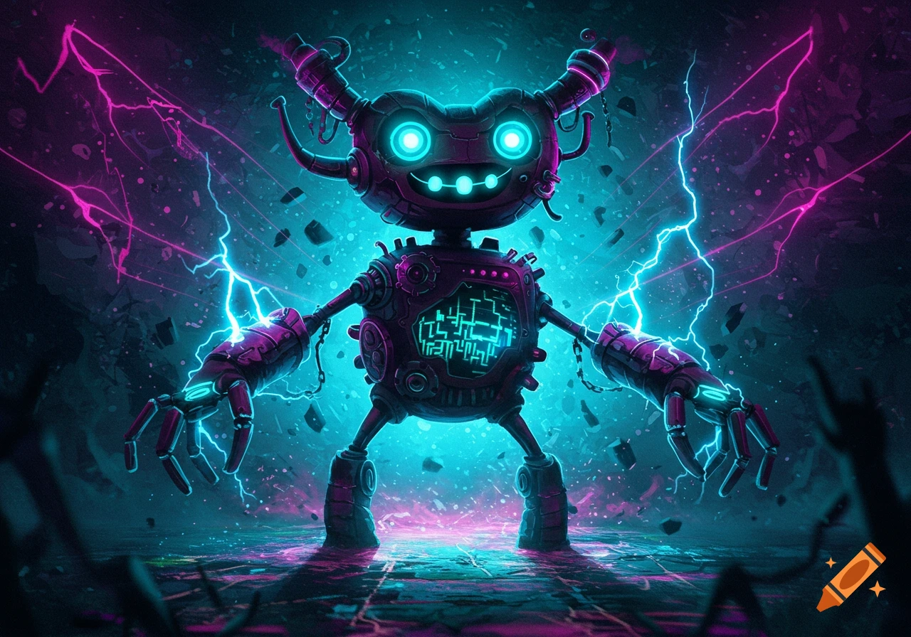 A glowing, purple and blue robot creature with neon eyes and a smiling mouth, surrounded by electric lightning and cybernetic elements.