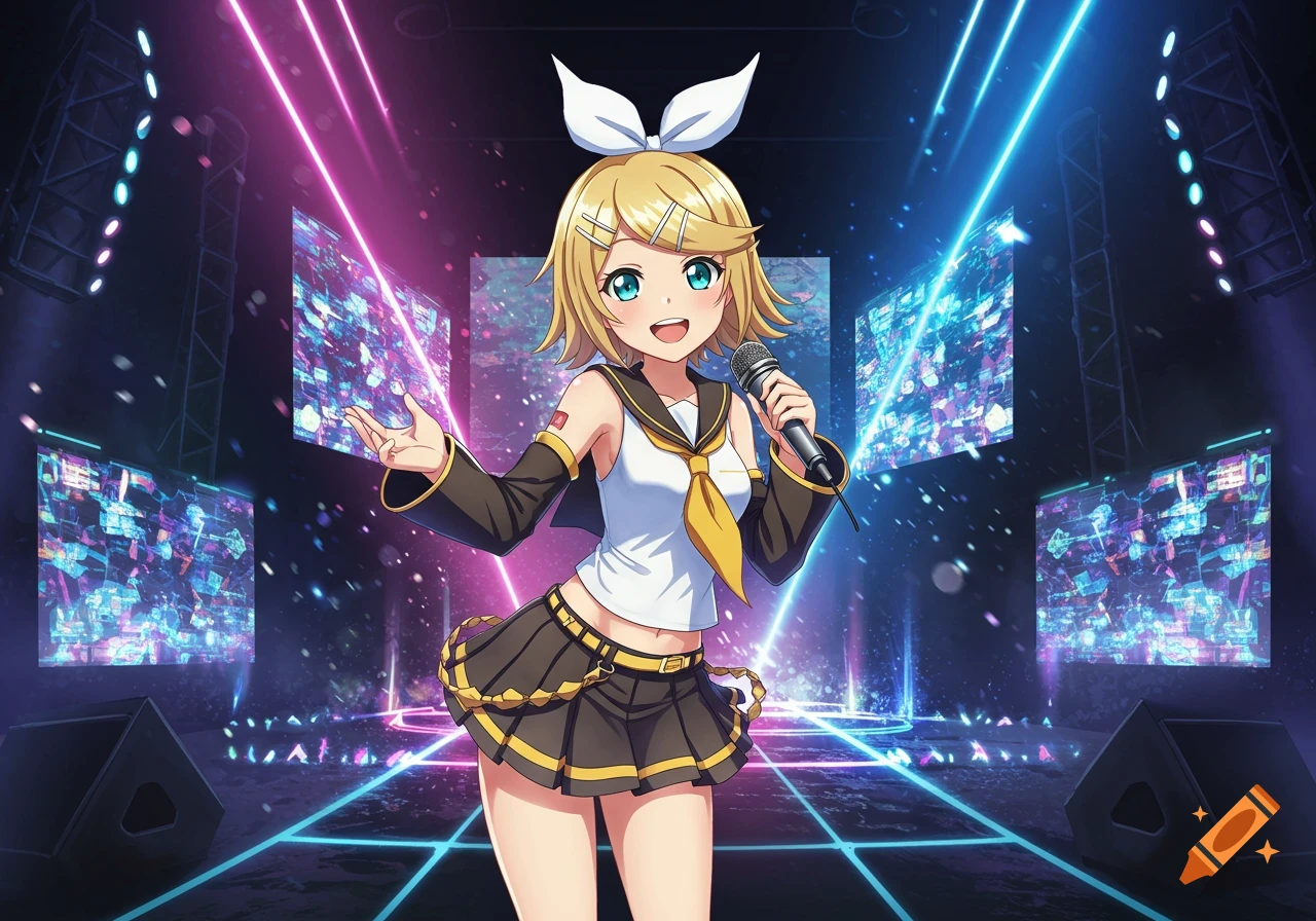 Anime illustration of Kagamine Rin singing with a microphone on a vibrant stage with neon lights.