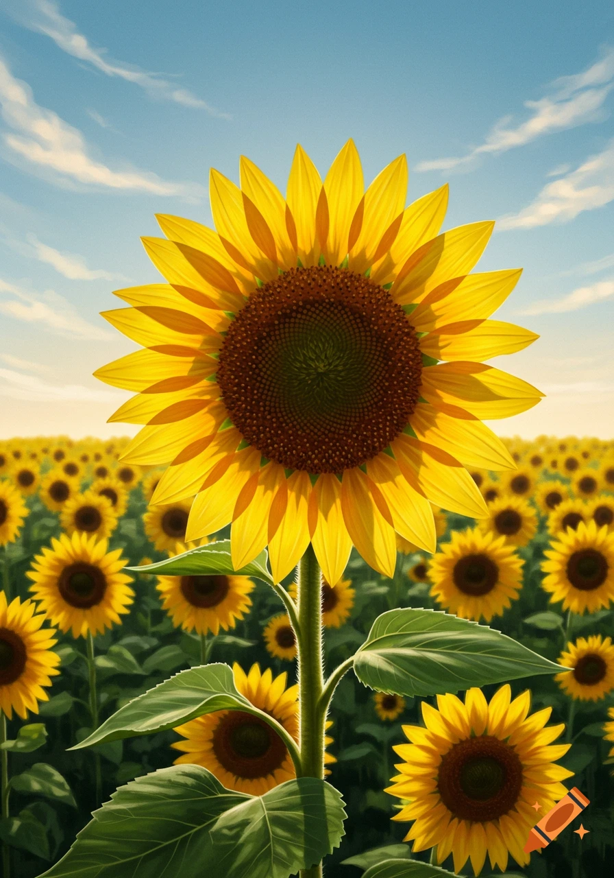 Photorealistic close-up of a vibrant sunflower standing tall in a sun-drenched field under a blue sky with clouds.