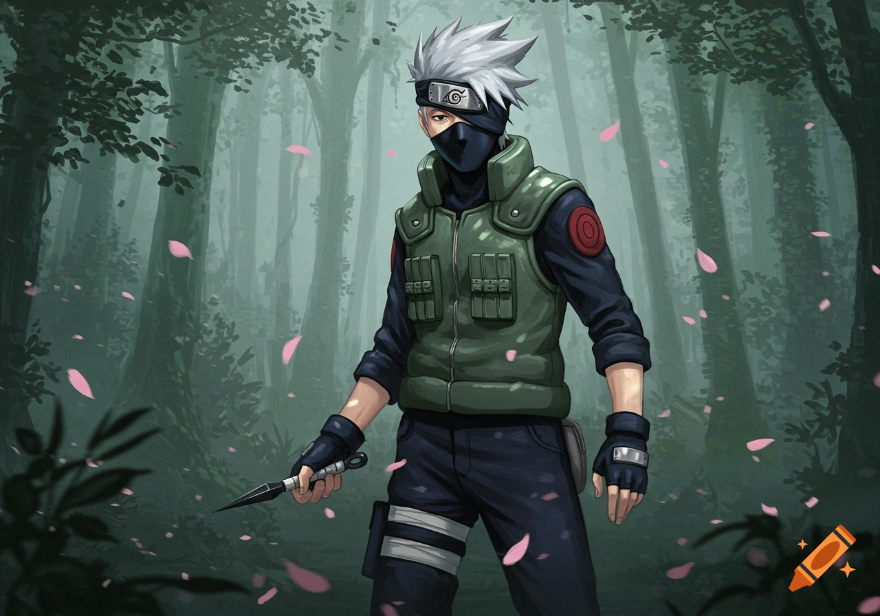 Kakashi Hatake from Naruto stands in a forest with pink petals, wearing his ninja uniform and holding a kunai.