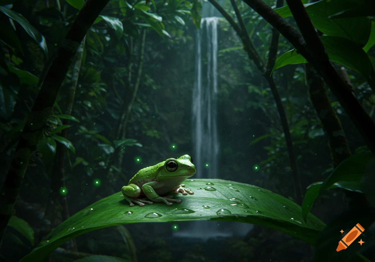 A bright green tree frog sits on a dew-covered leaf in a dark, lush jungle with a distant waterfall and glowing green orbs.