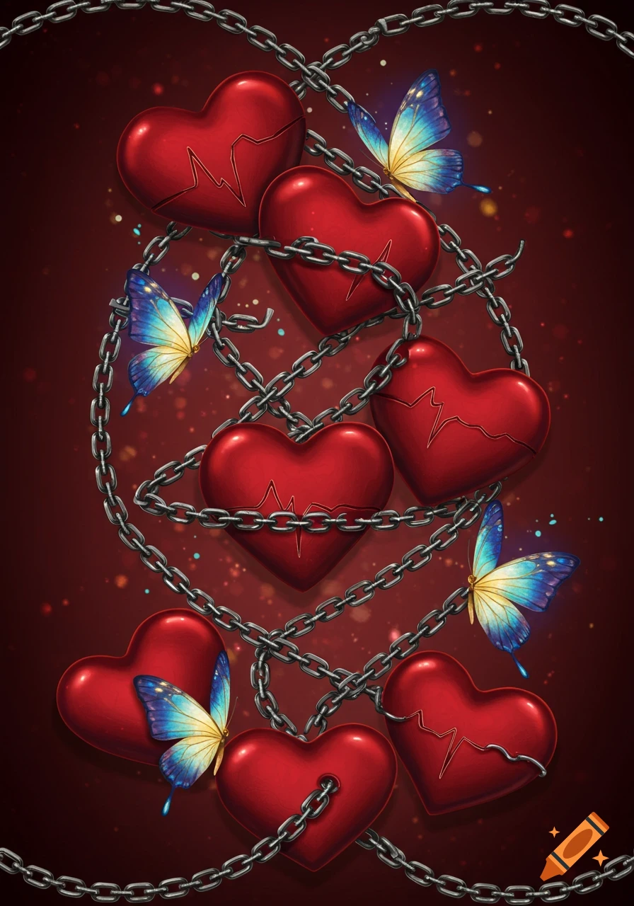 Red hearts, some cracked and others with ECG lines, entangled in silver chains with glowing blue and yellow butterflies on a dark red background.