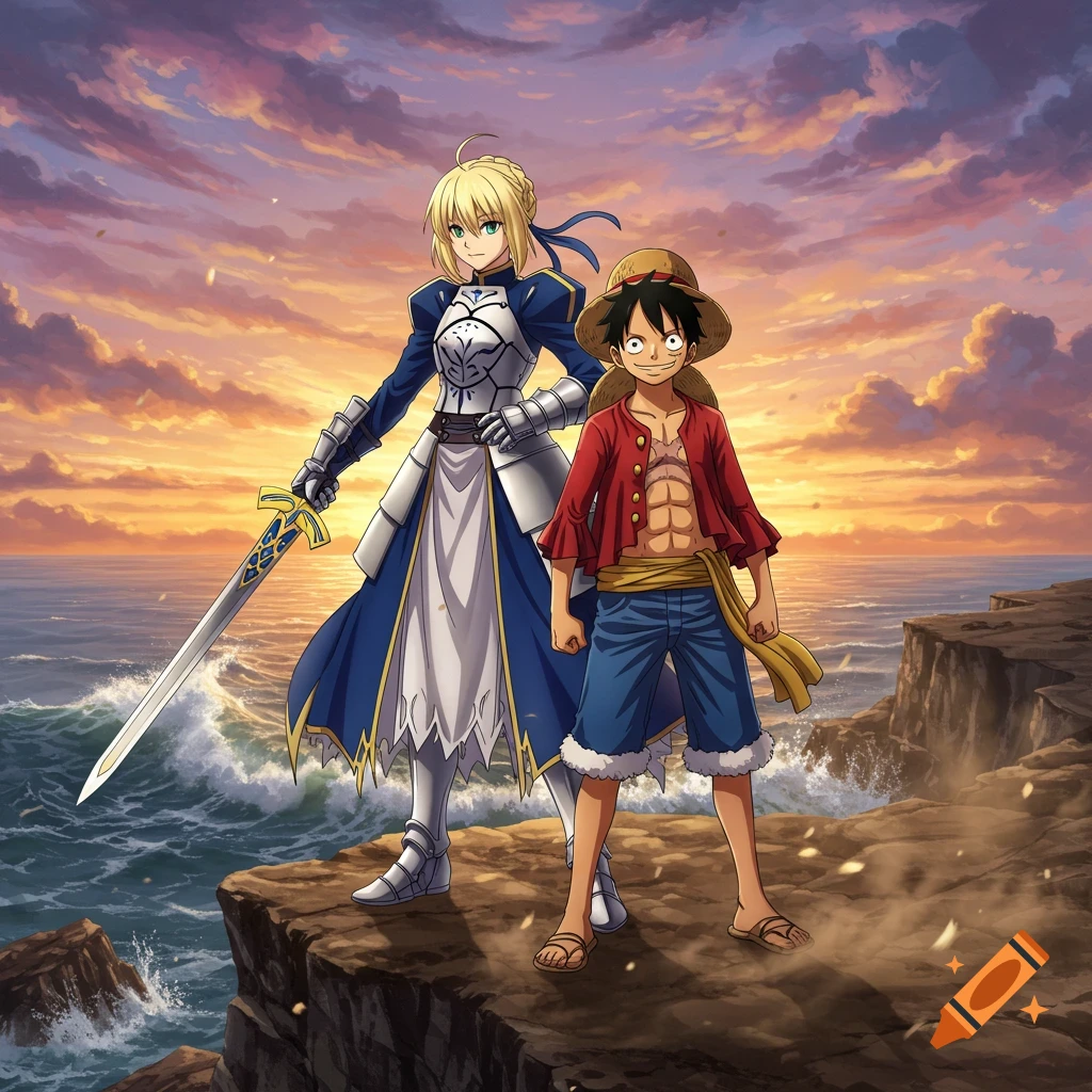 Anime characters Saber (blonde knight with sword) and Luffy (straw hat) stand on a cliff overlooking the ocean at sunset.