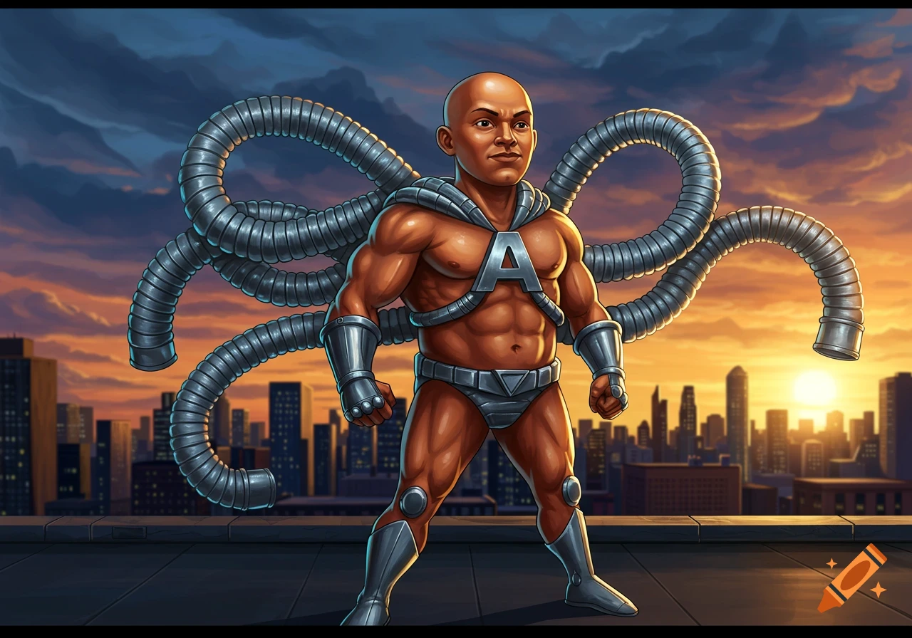 A bald cartoon superhero with a large 'A' on his chest and ductwork tentacles stands on a city rooftop at sunset, in a comic book art style.