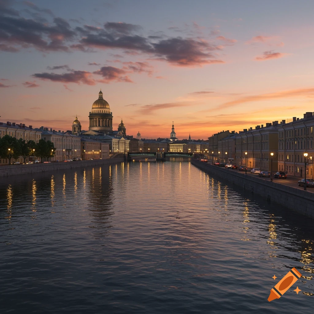 Photorealistic cityscape of St. Petersburg at dusk, with the Neva River reflecting illuminated buildings and a colorful sky.
