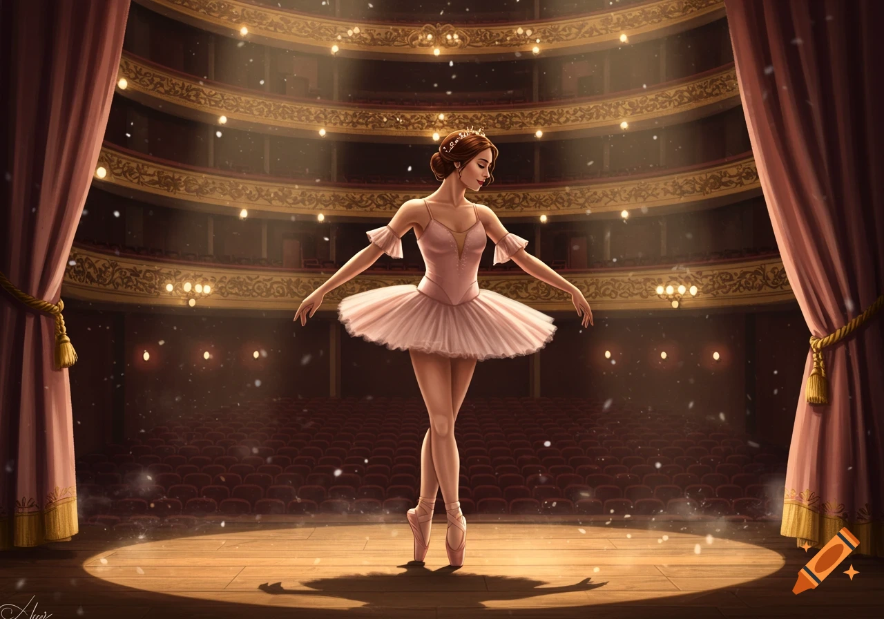 An illustration of a ballerina dancing en pointe on a spotlighted stage in a grand theatre with red seats.