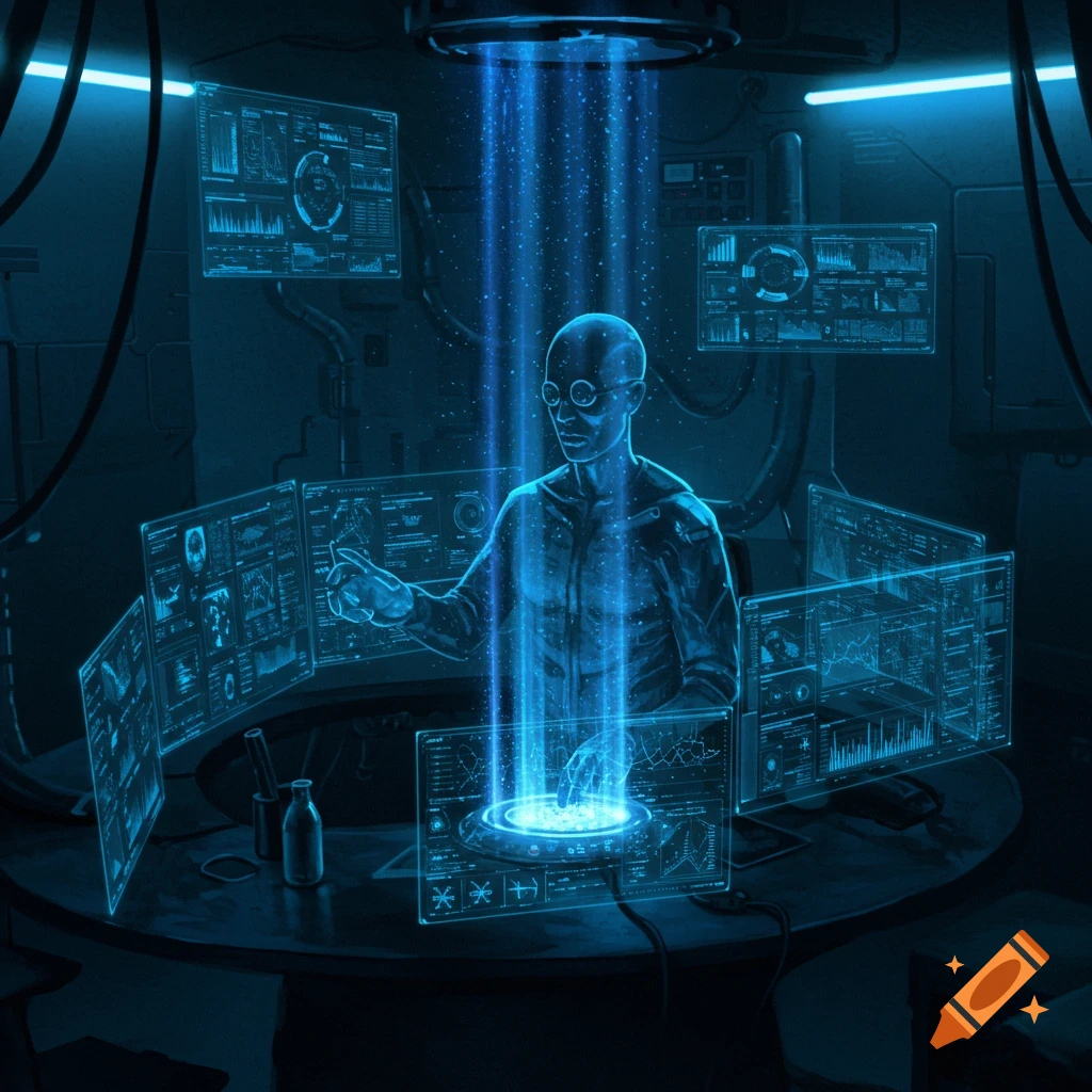 A blue holographic figure of a computer scientist wearing glasses, surrounded by glowing data screens in a dark, futuristic lab.