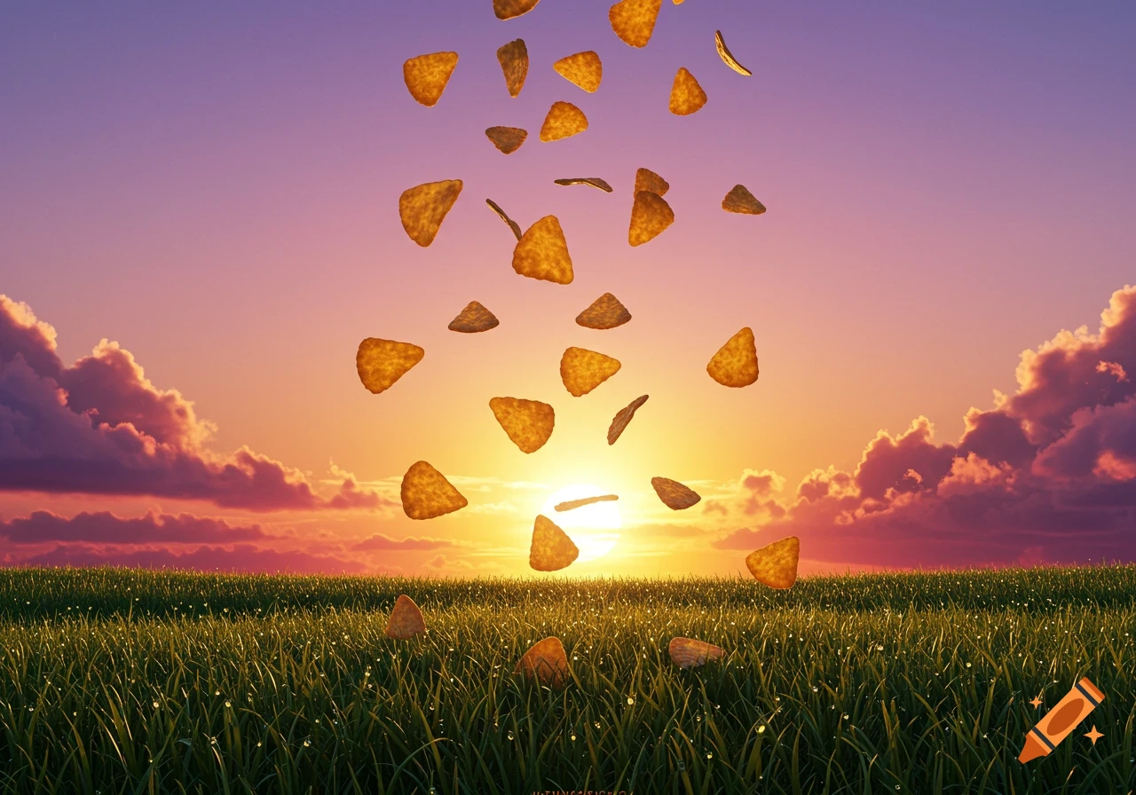 Golden tortilla chips fall from a vibrant purple and orange sunset sky over a dew-covered green grassy field.