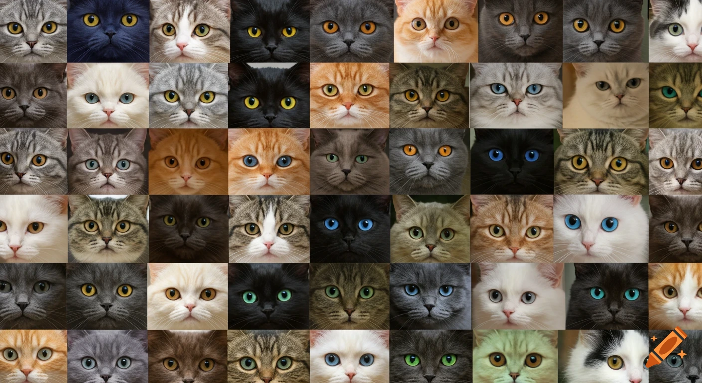 A close-up mosaic collage of many different domestic cat faces, showing a variety of fur colors and eye colors.