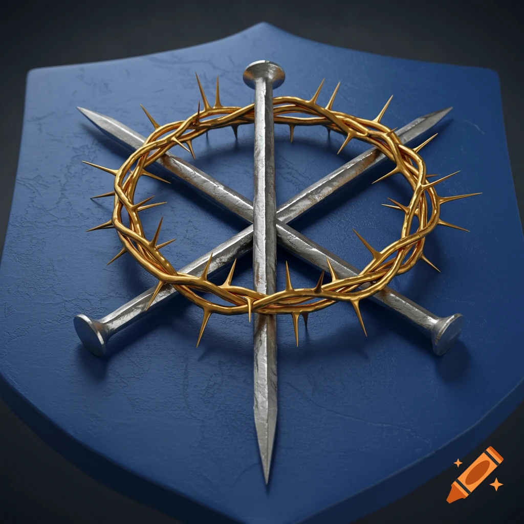 A gold crown of thorns over four silver nails arranged in a saltire cross on a blue shield.