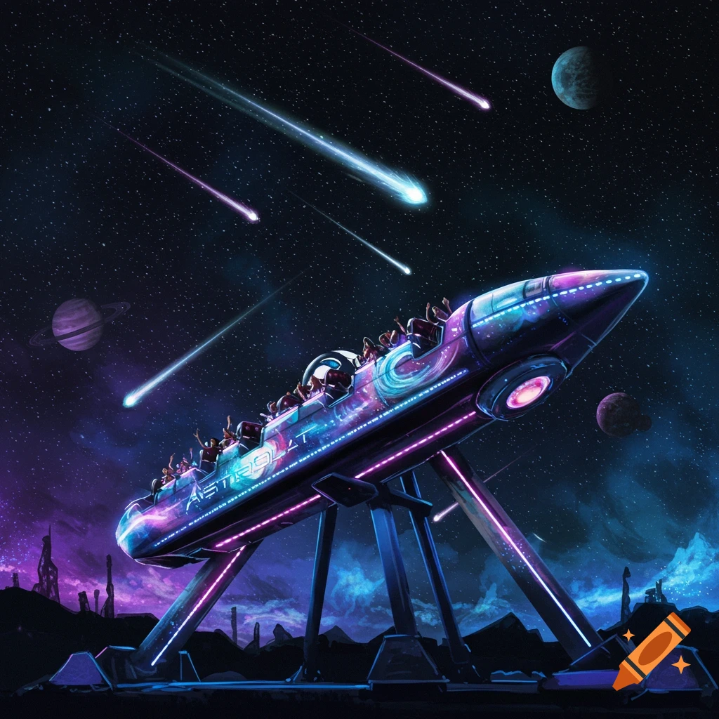 A vibrant, neon-lit space-themed amusement park ride named "AstroBlat" under a starry sky with planets and meteors.
