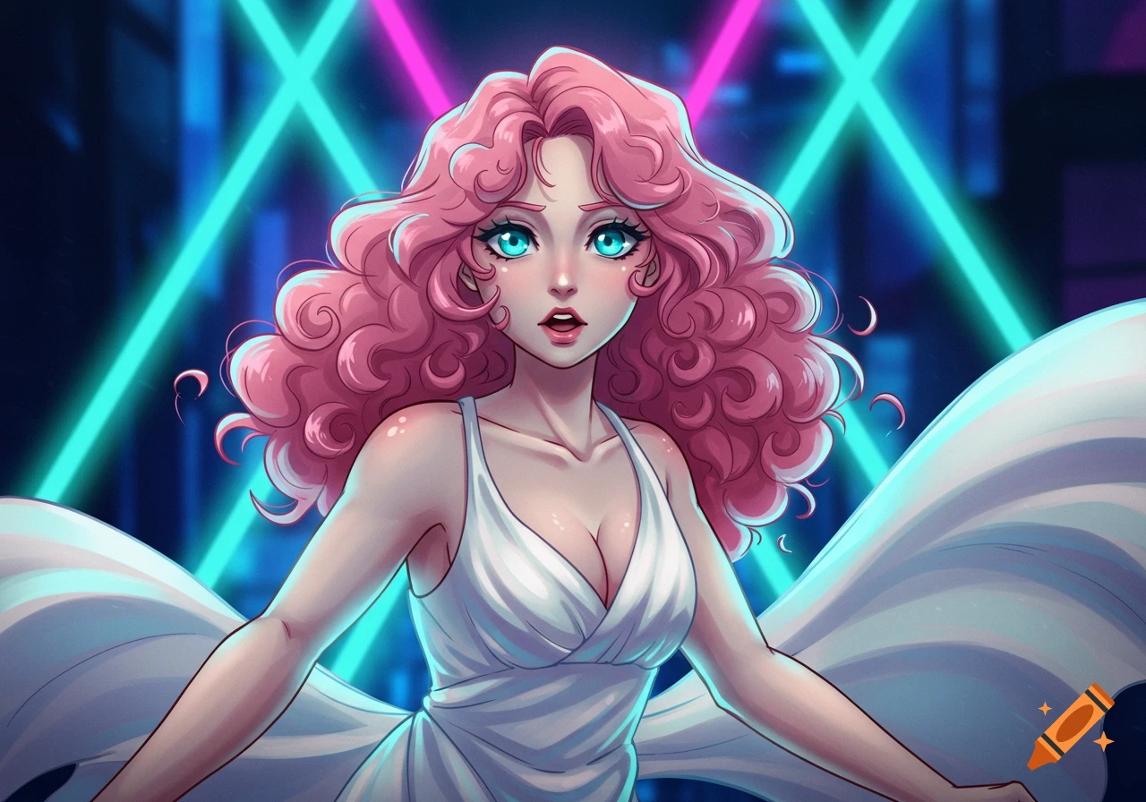 Anime girl with pink curly hair and blue-green eyes wearing a white dress, against a neon blue and pink light background.