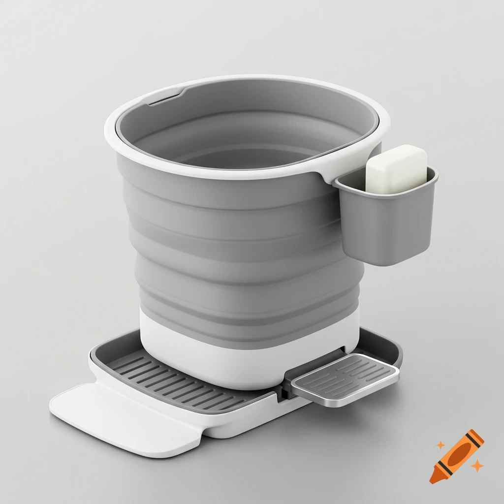 Gray and white collapsible bucket with a soap holder containing a bar of soap, and a wastewater tray with a pedal.