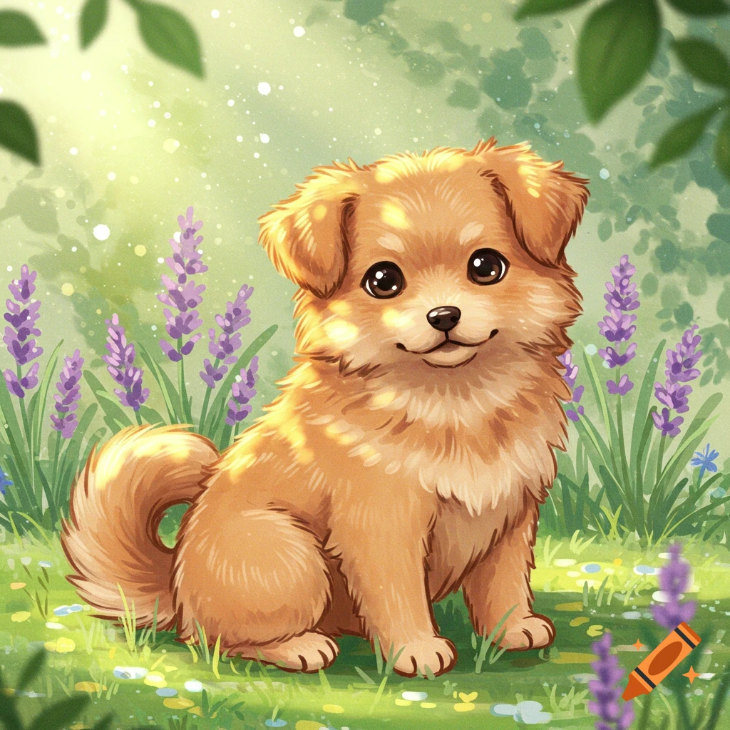 A cute fluffy golden-brown puppy with big eyes sits smiling in a field of purple lavender flowers, illustration.