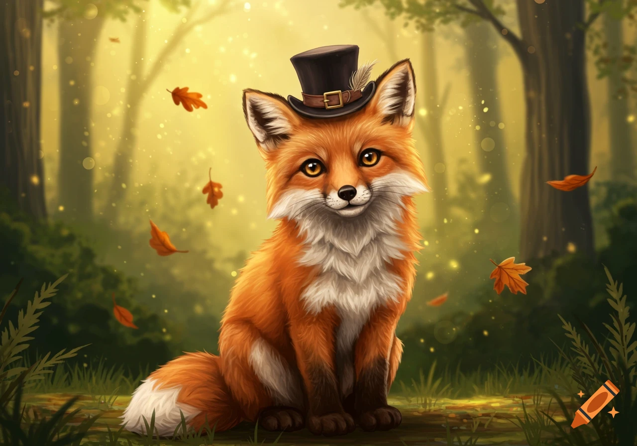 A cute, fluffy red fox wearing a small top hat sits in a magical, sun-dappled autumn forest with falling leaves.